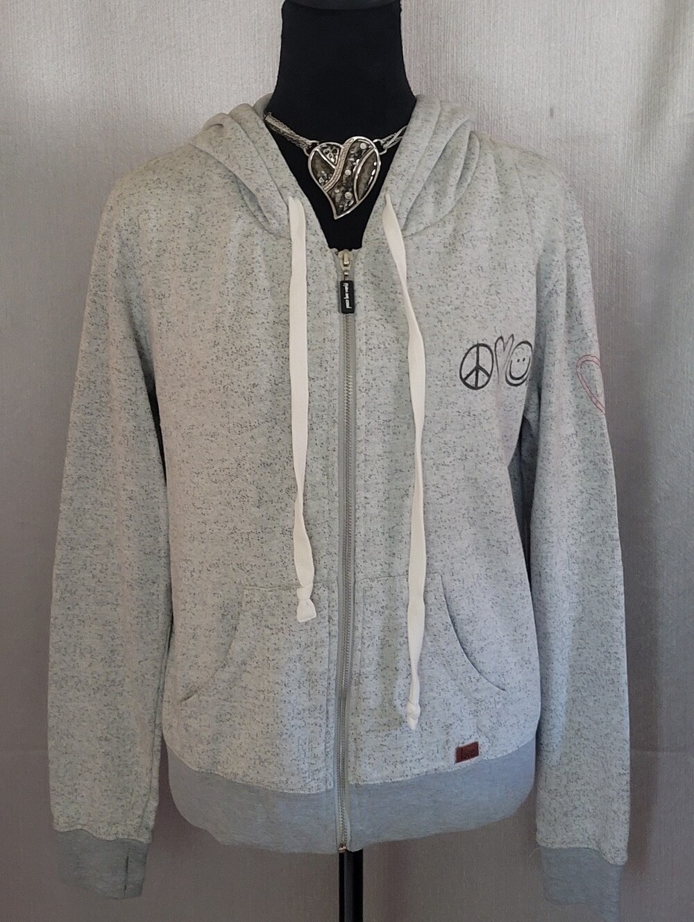 Light Heather Gray Zip Hoodie with Peace & Smile Icons
